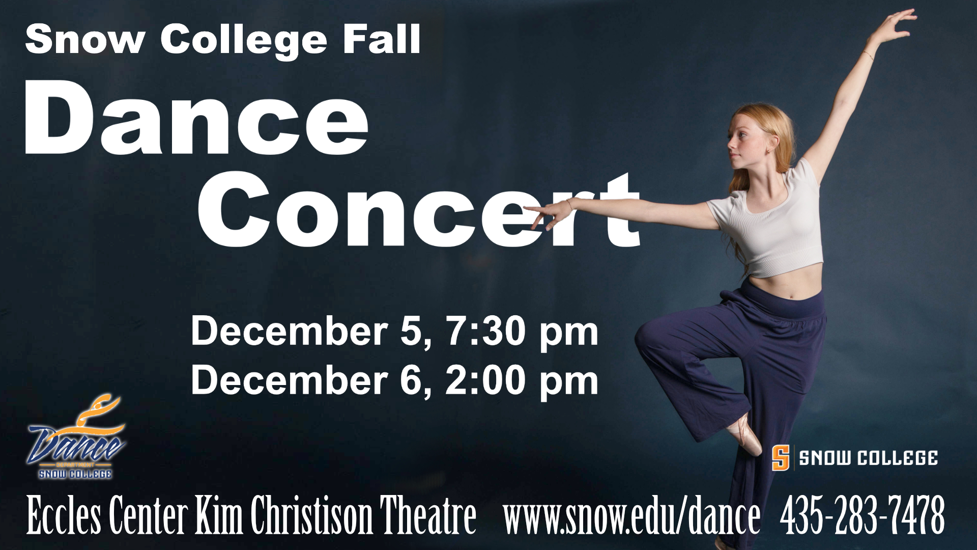 A young female dancer in a white crop top and dark pants poses in a dark teal studio for the Snow College Fall Dance Concert. Text lists the dates: December 5, 7:30 pm and December 6, 2:00 pm.