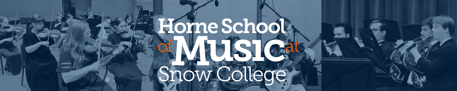  A composite image, tinted blue, shows three separate groups of musicians. Horne School of Music at Snow College