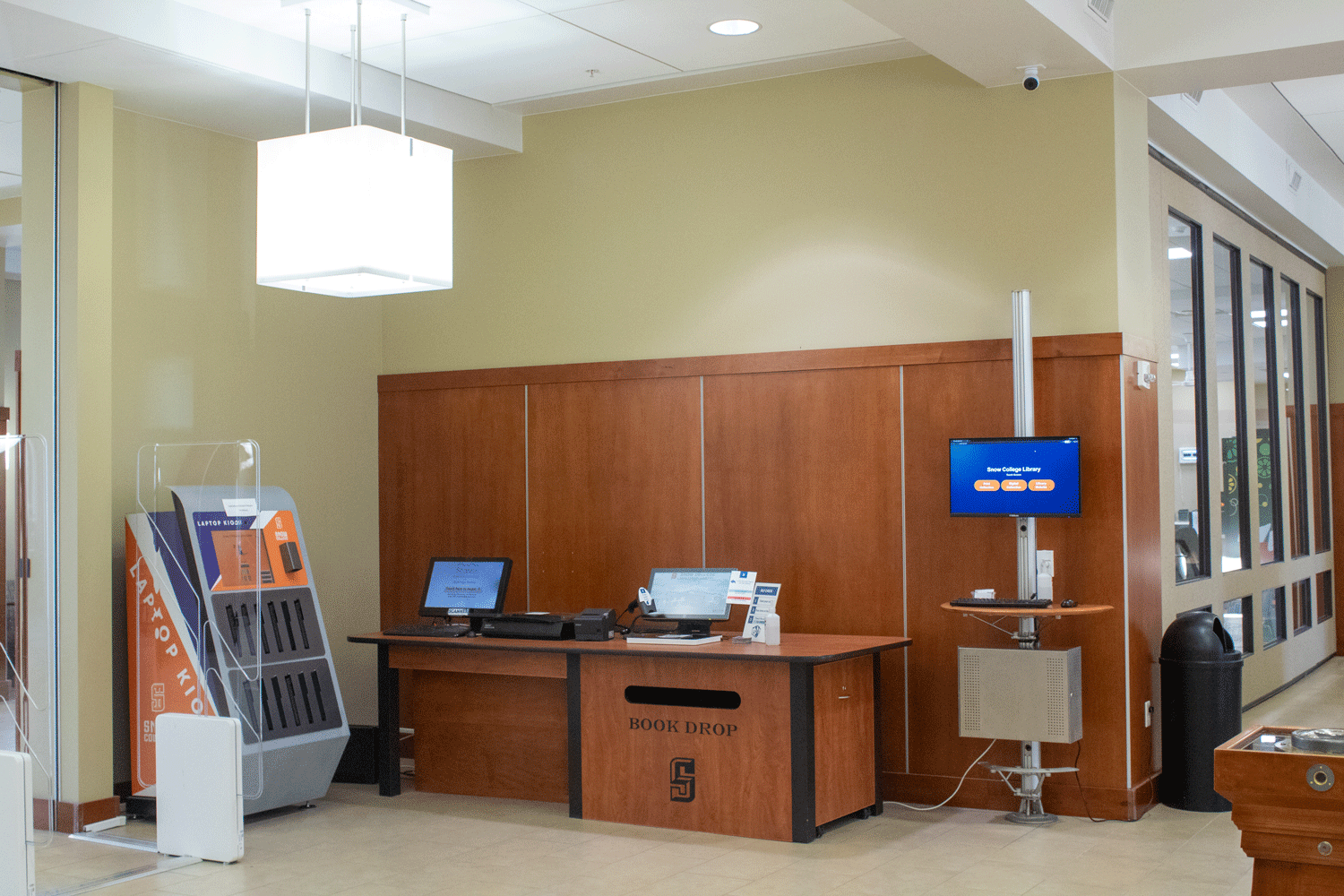 Laptop kiosk at the library entrance